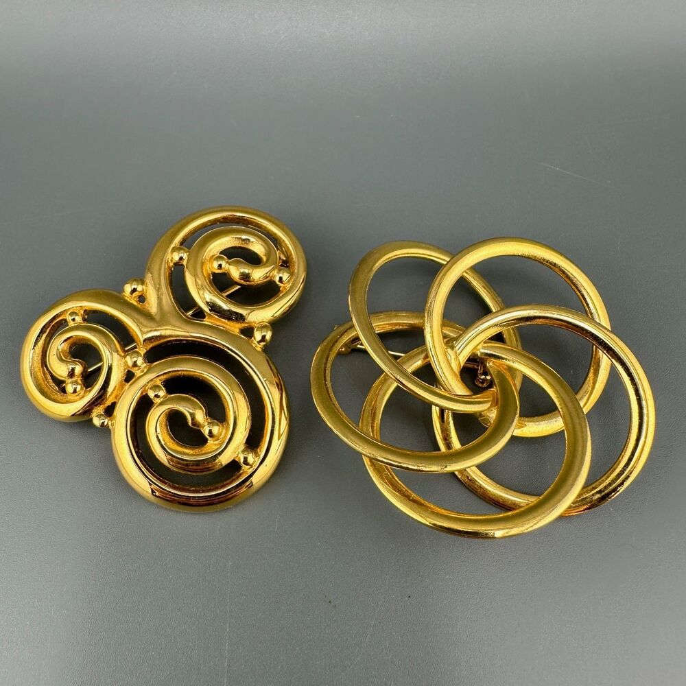 Vintage Brooch Lot Shiny Gold Tone Swirl Spiral Round Twist Interlocking